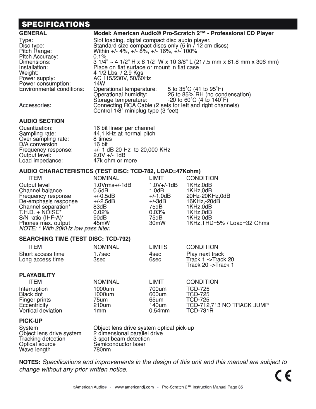 American Audio Pro-Scratch 2 manual Specifications, General 