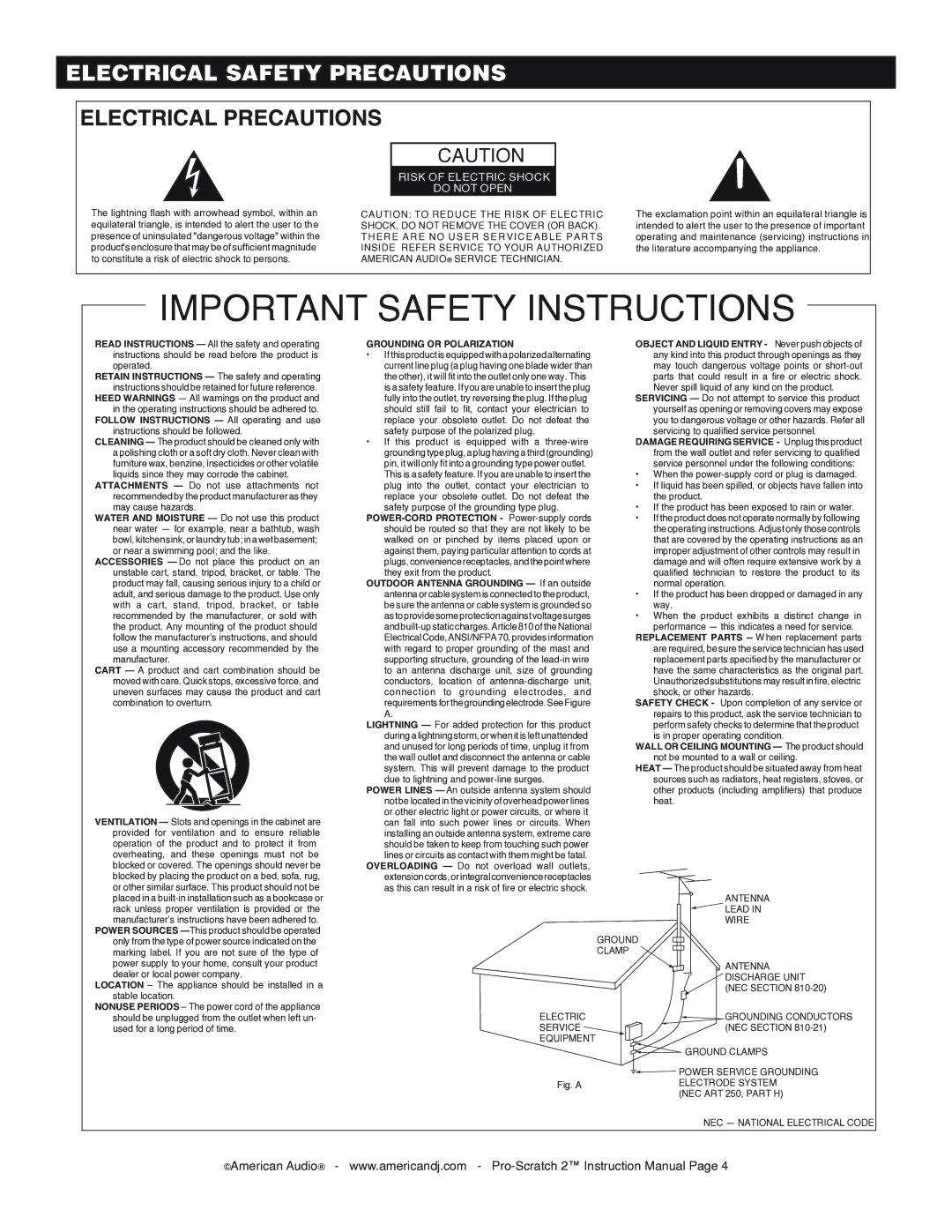 American Audio Pro-Scratch 2 manual Electrical Safety Precautions, Electrical Precautions 