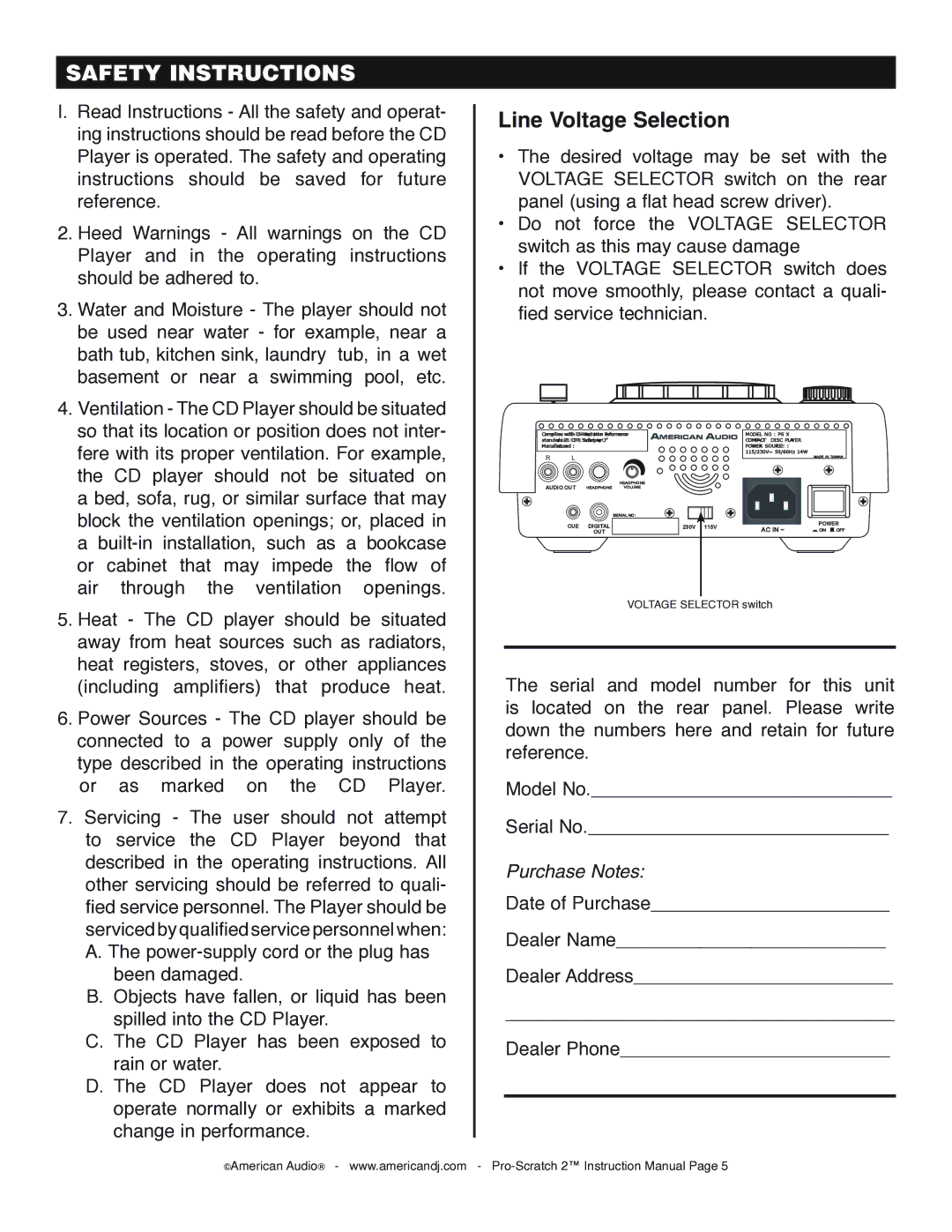 American Audio Pro-Scratch 2 manual Safety Instructions, Line Voltage Selection 