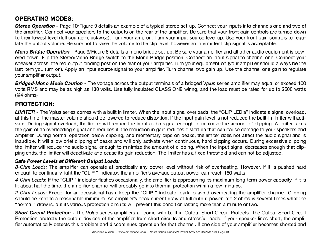 American Audio Professional Power Amplifier manual Operating Modes 