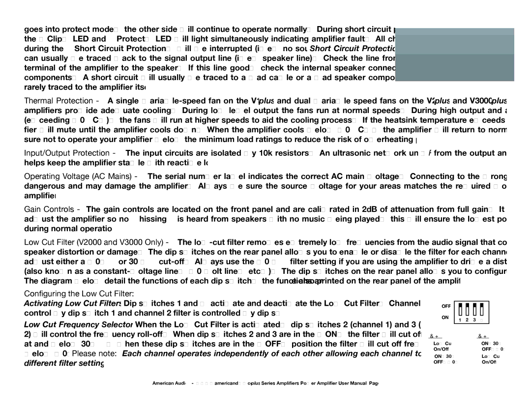 American Audio Professional Power Amplifier manual Configuring the Low Cut Filter 