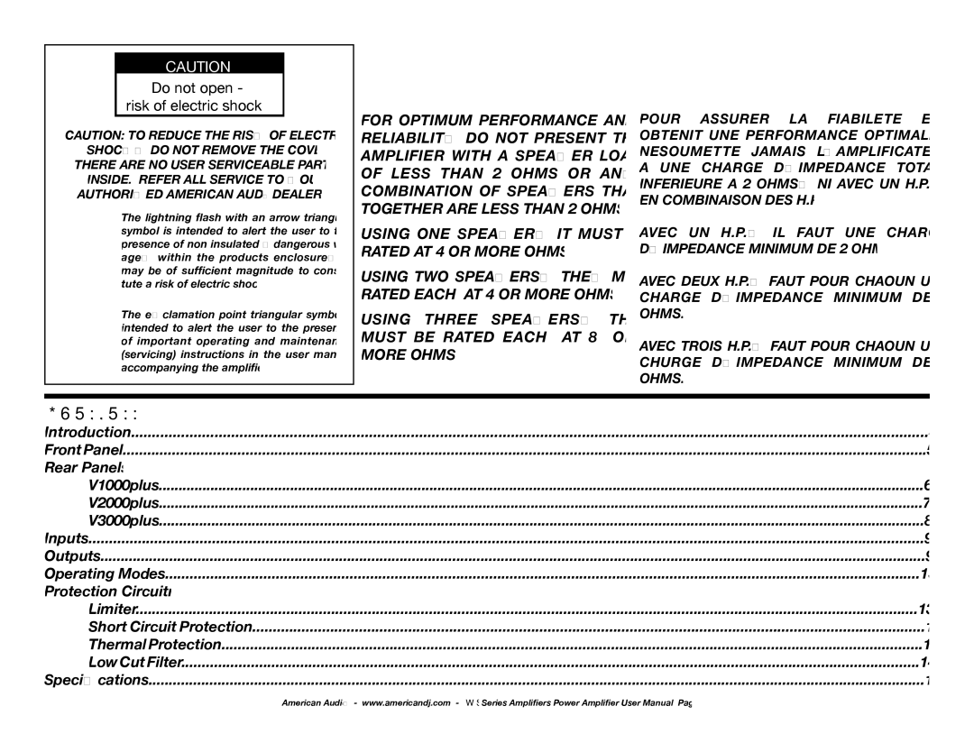 American Audio Professional Power Amplifier manual Contents 