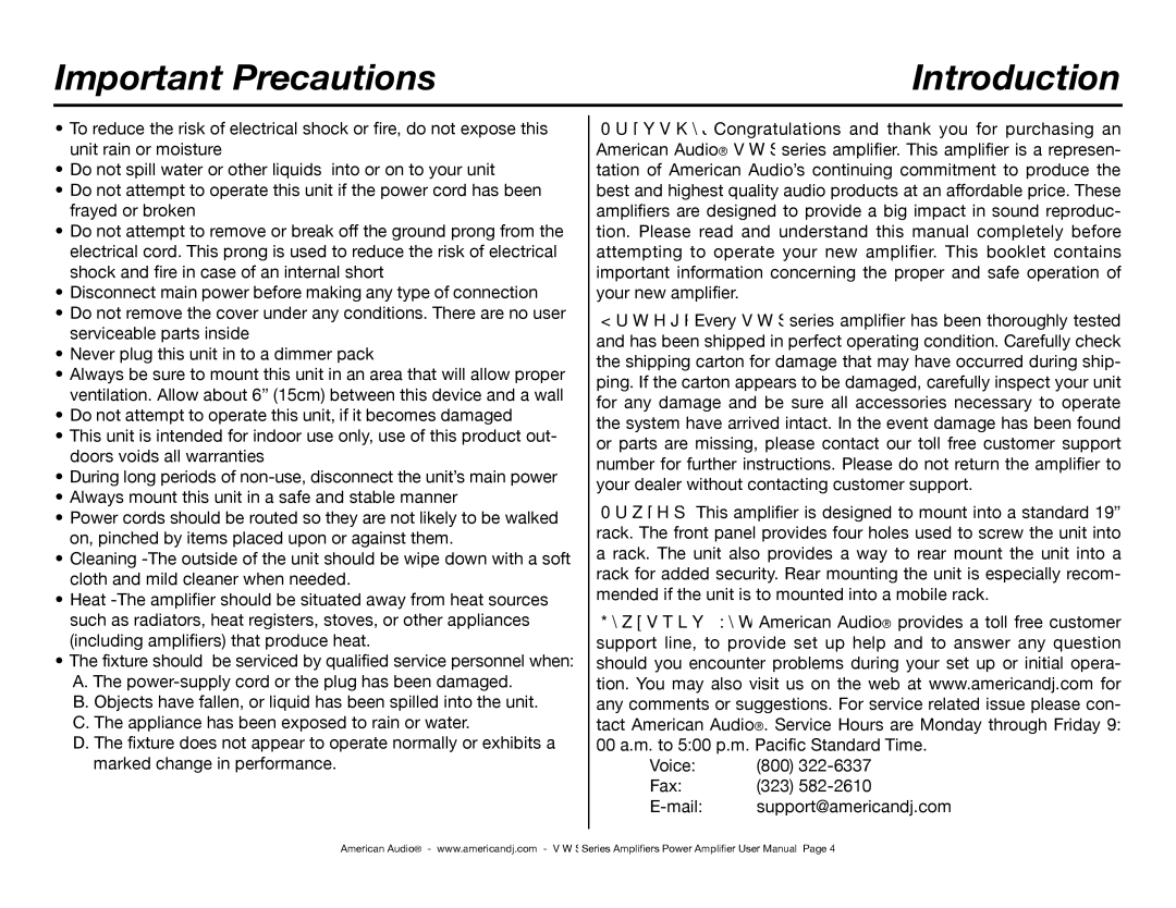 American Audio Professional Power Amplifier manual Important Precautions 