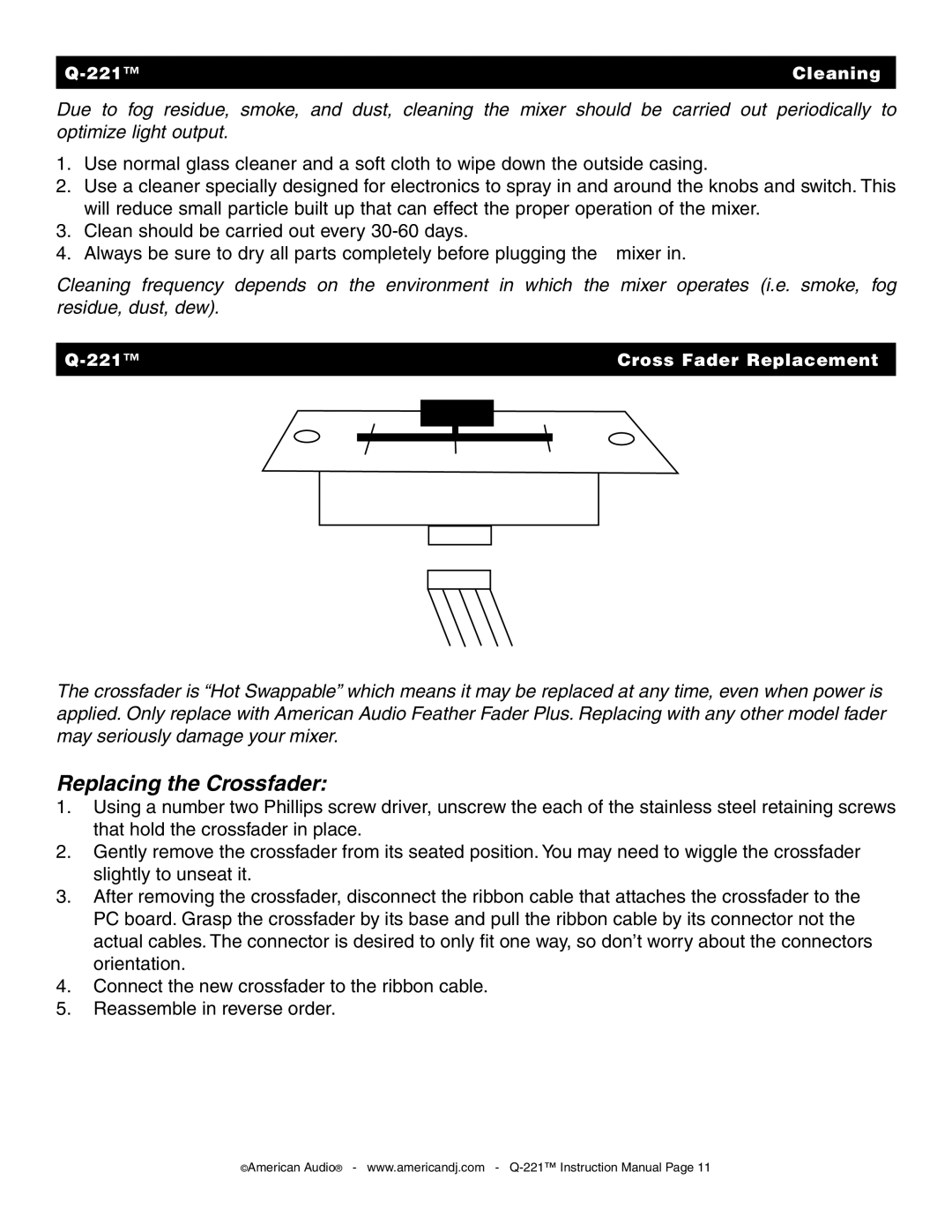 American Audio Q-221 manual Replacing the Crossfader 