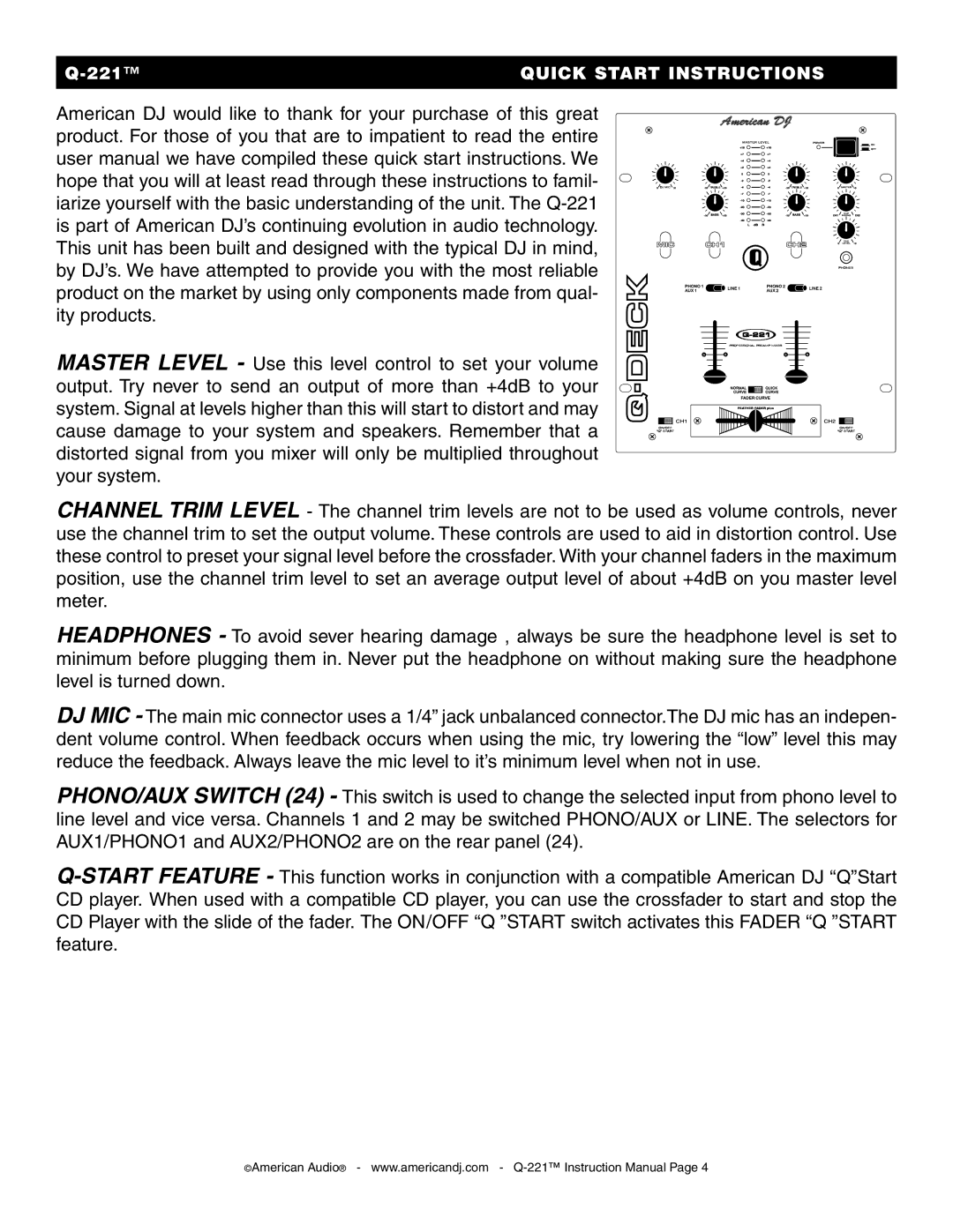 American Audio Q-221 manual Quick Start Instructions 