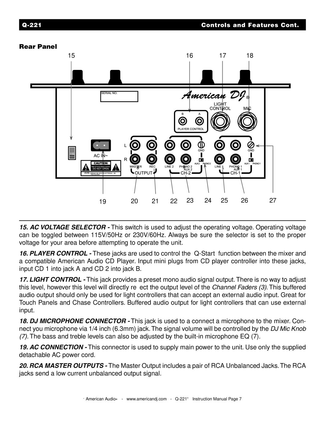 American Audio Q-221 manual Rear Panel 