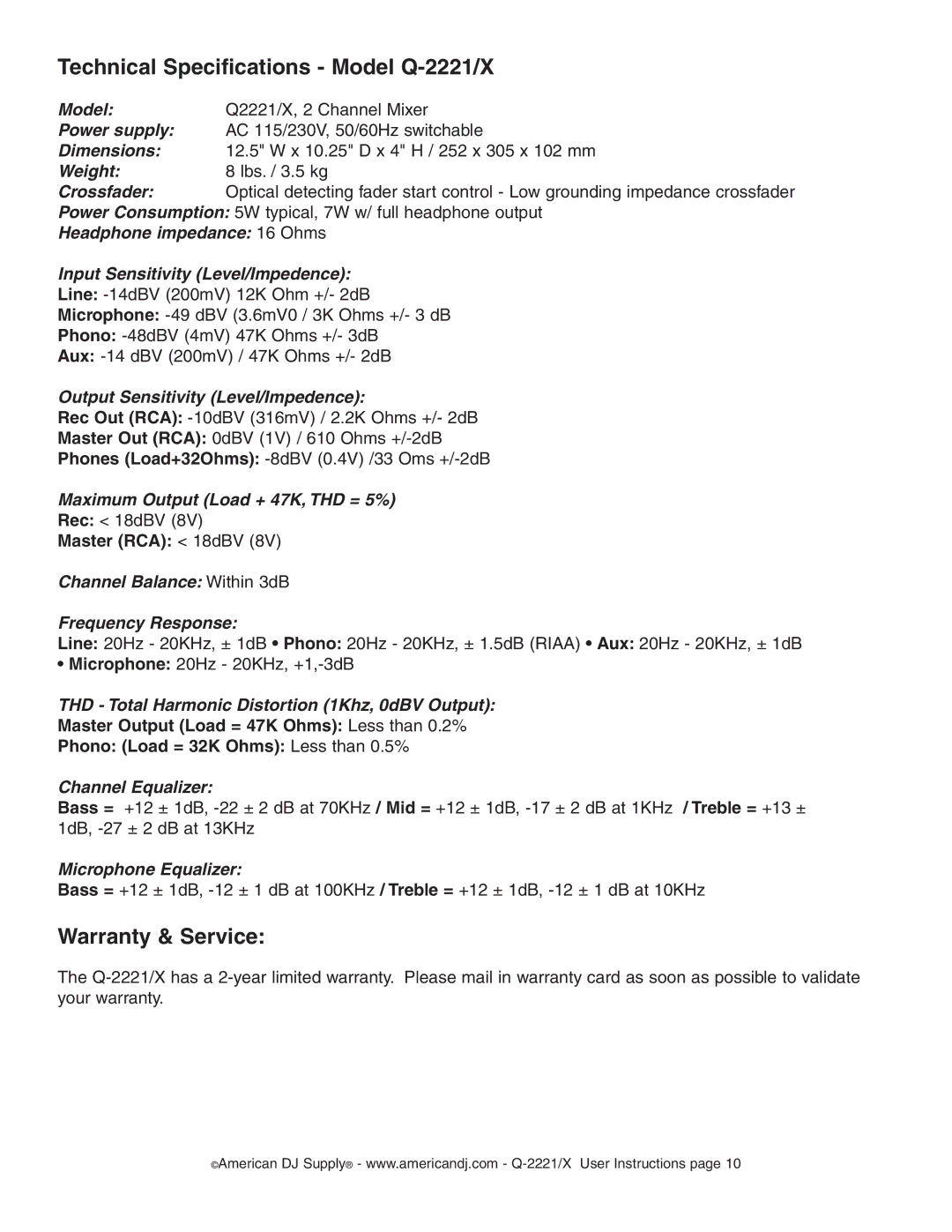 American Audio manual Technical Specifications Model Q-2221/X, Warranty & Service 