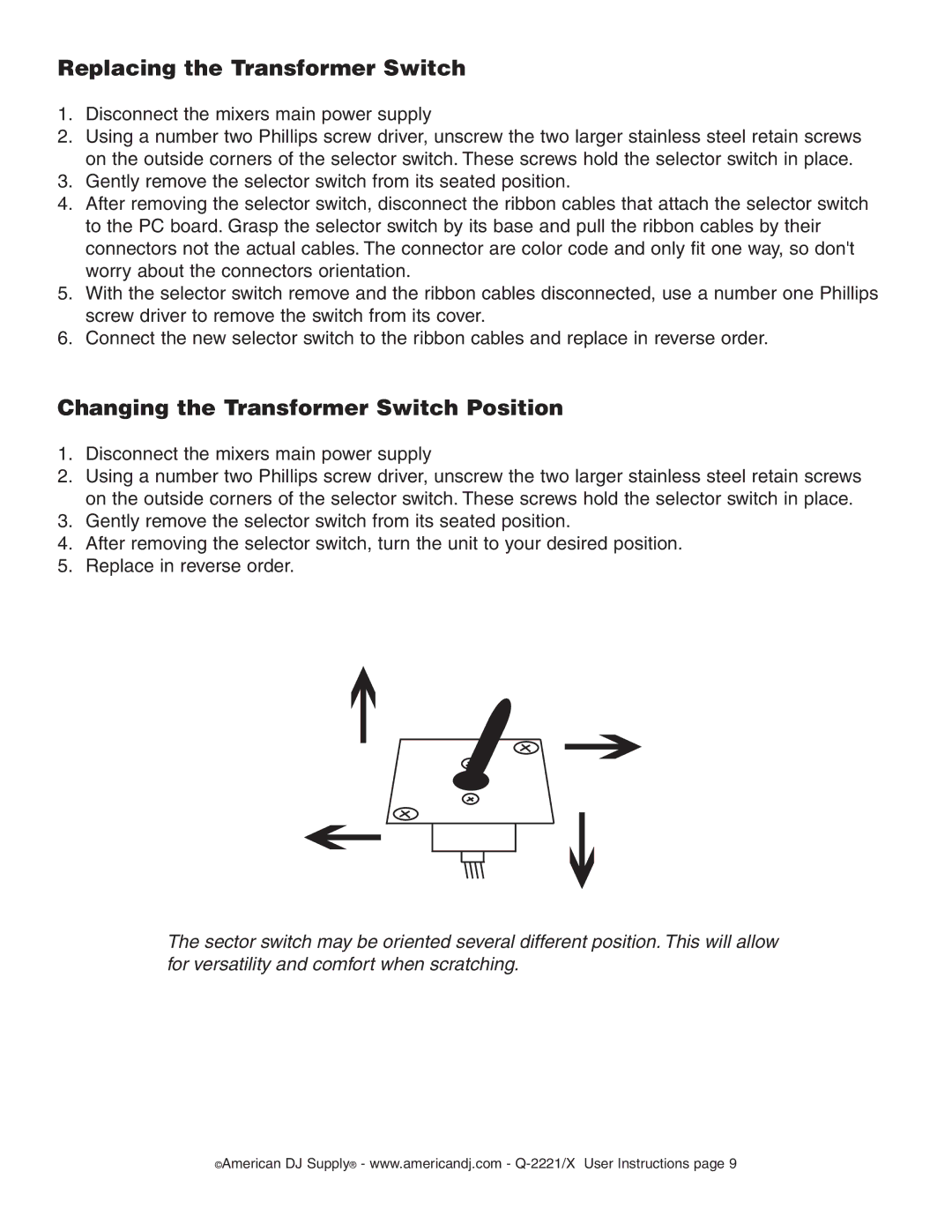 American Audio Q-2221/X manual Replacing the Transformer Switch, Changing the Transformer Switch Position 