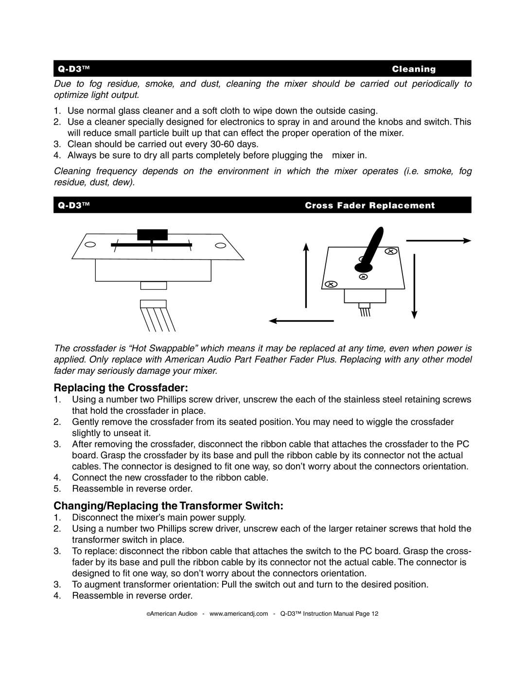 American Audio Q-D3 manual Replacing the Crossfader 