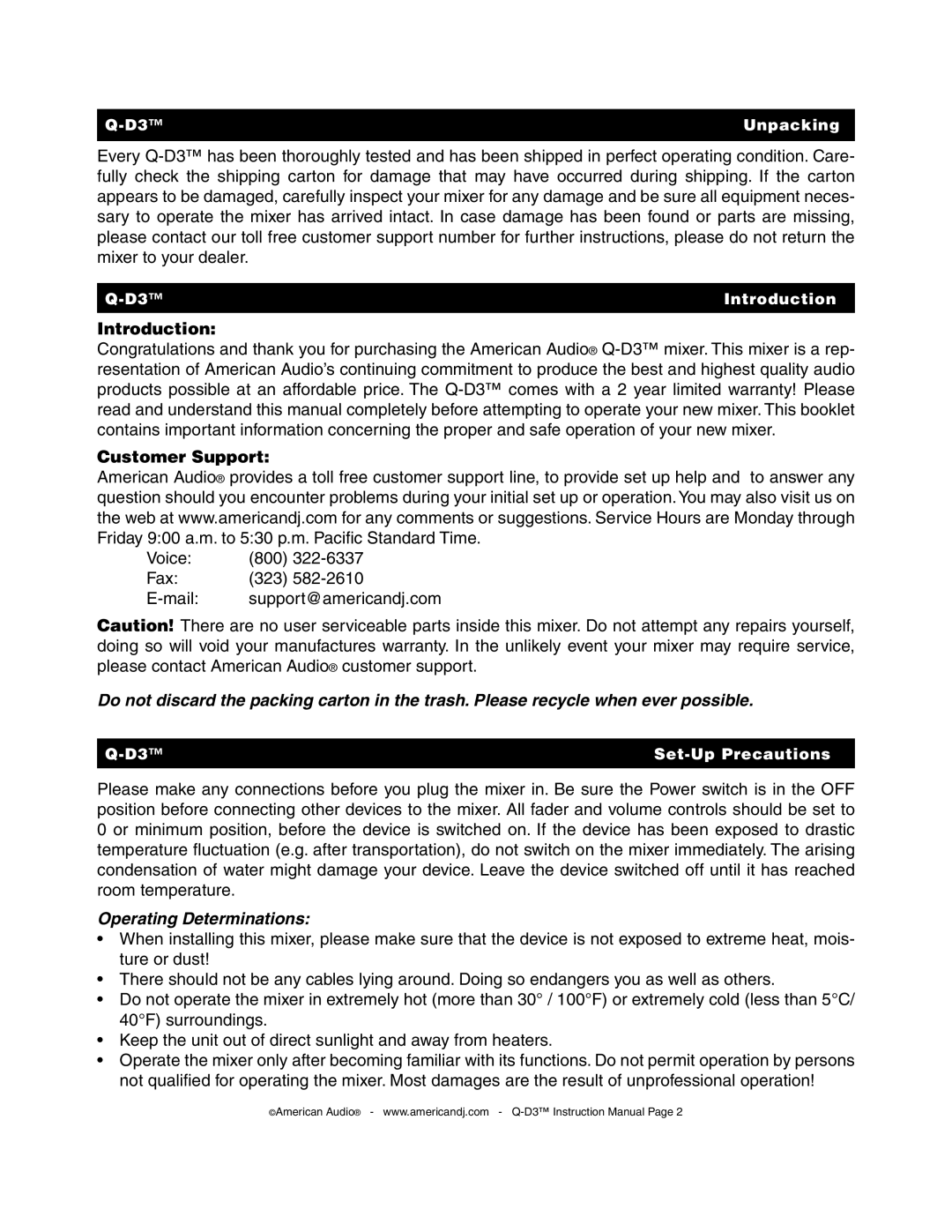 American Audio Q-D3 manual Operating Determinations 