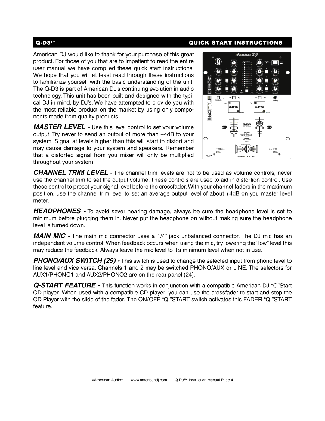 American Audio Q-D3 manual Quick Start Instructions 