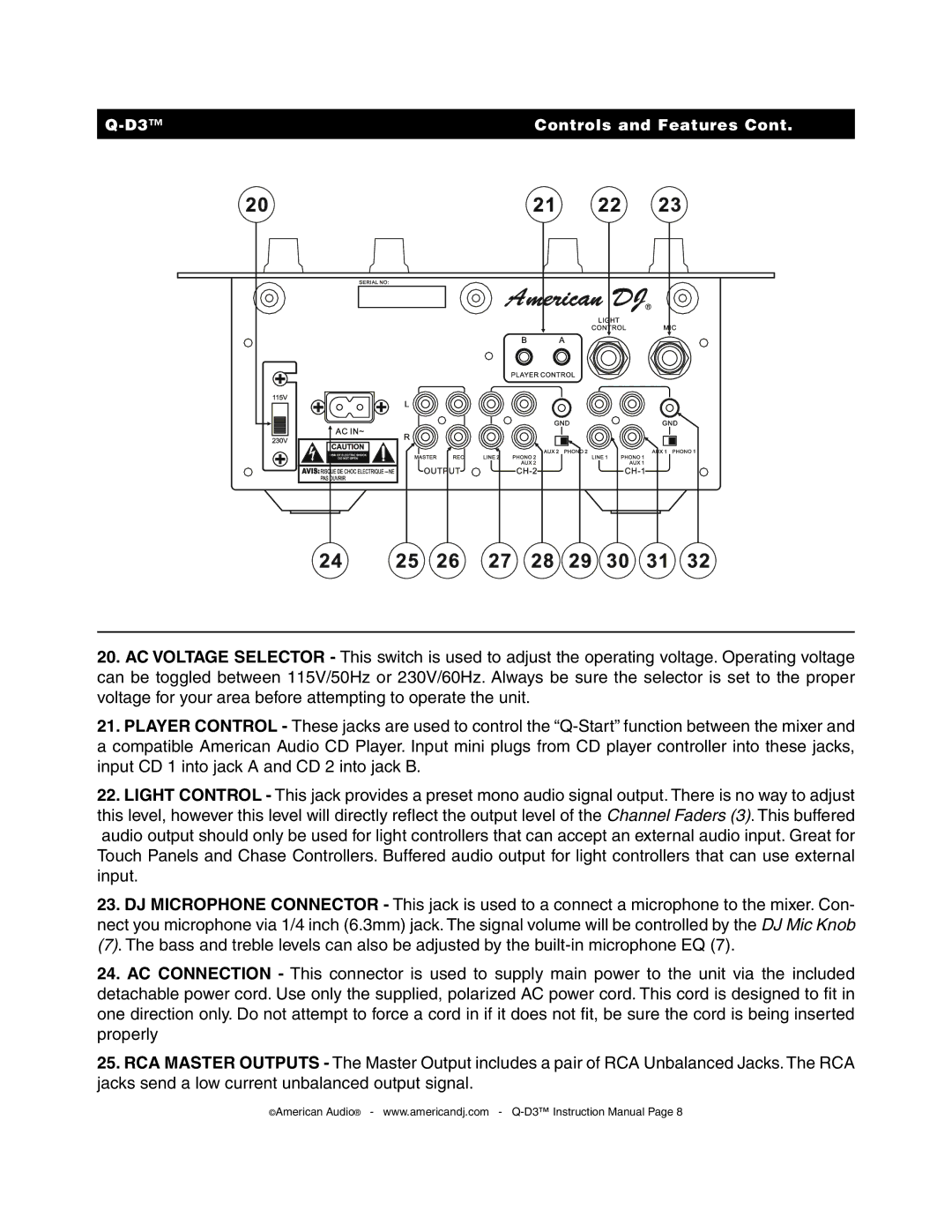 American Audio Q-D3 manual Controls and Features 