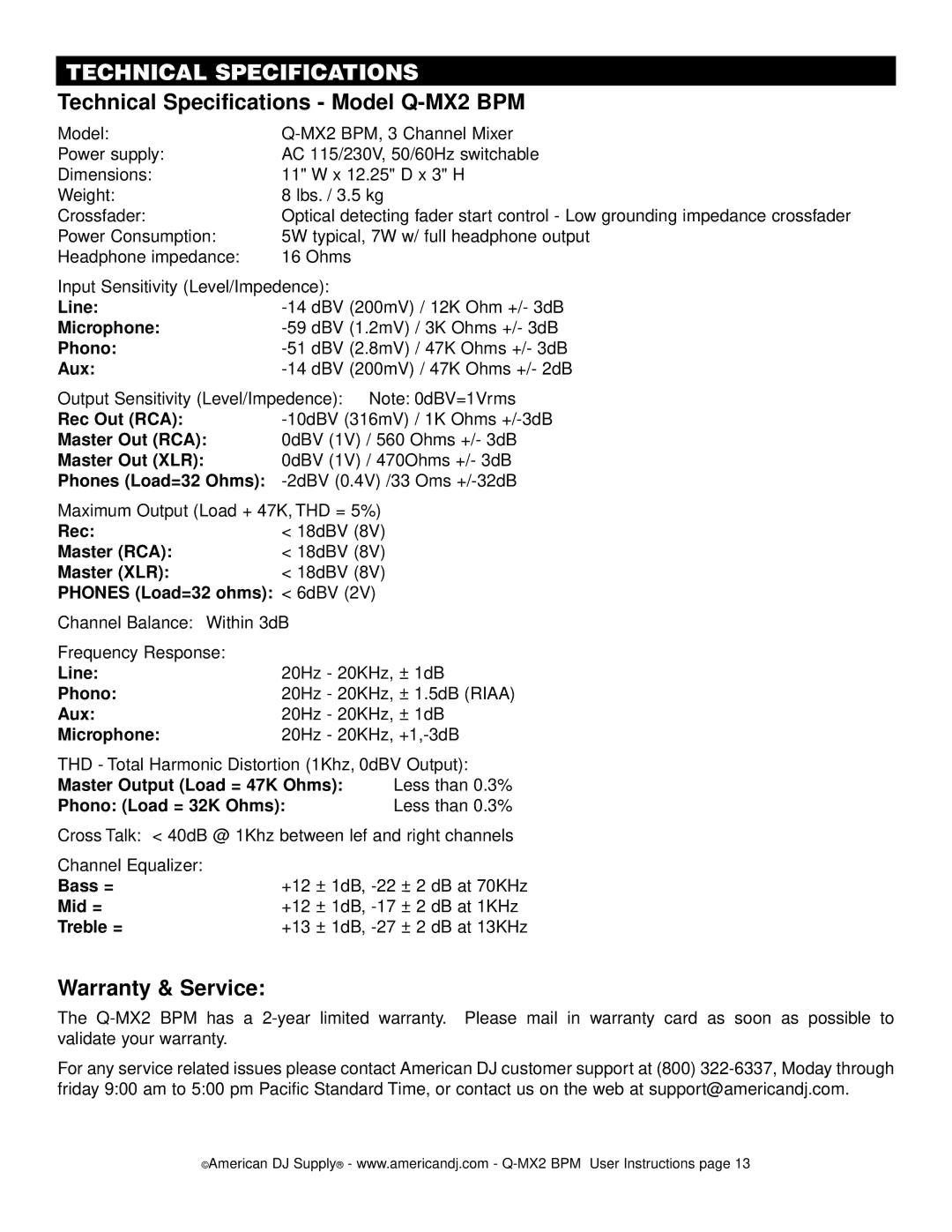 American Audio manual Technical Specifications Model Q-MX2 BPM, Warranty & Service 