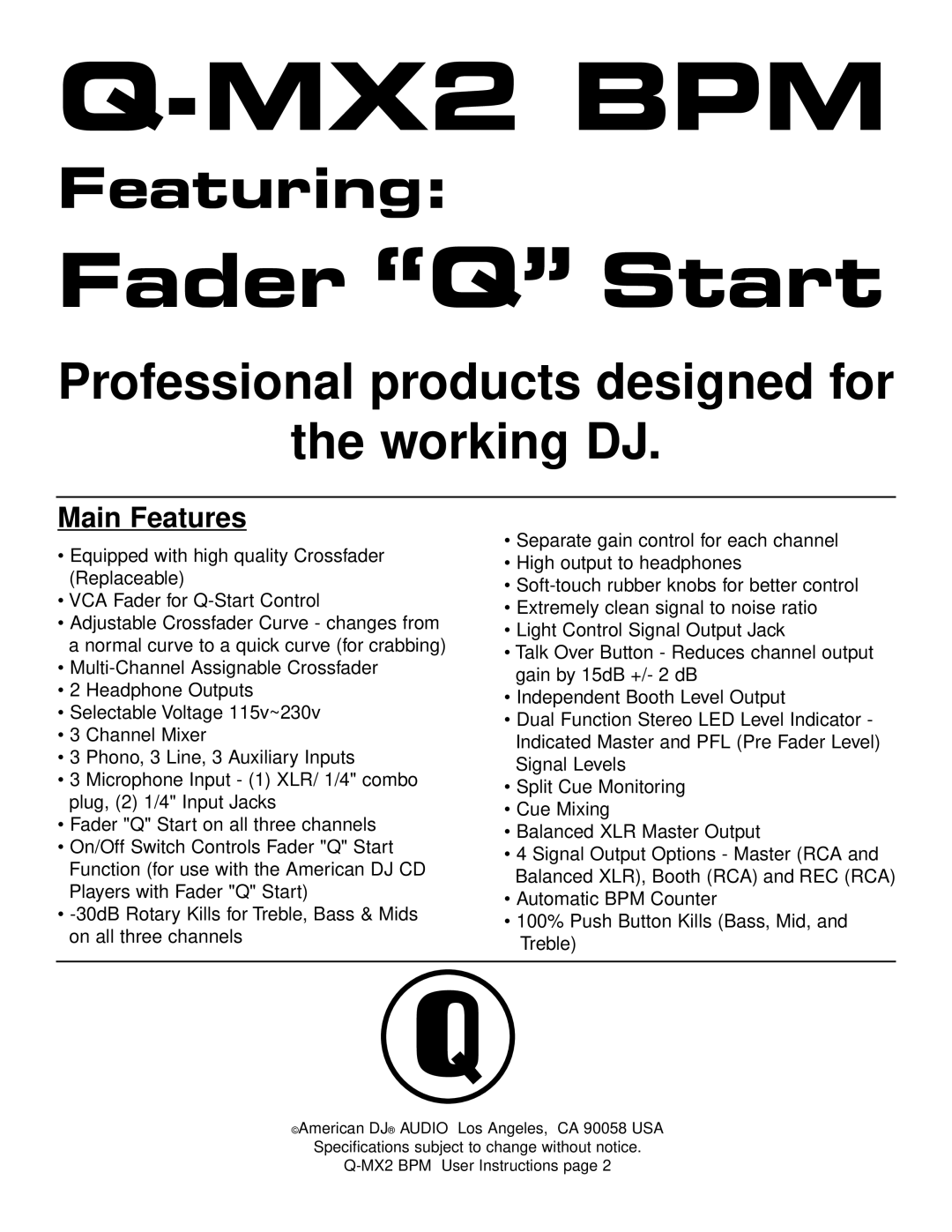 American Audio Q-MX2 BPM manual 