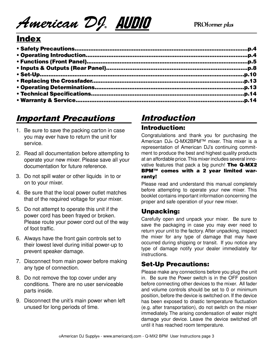 American Audio Q-MX2 BPM manual Introduction, Unpacking, Set-Up Precautions 