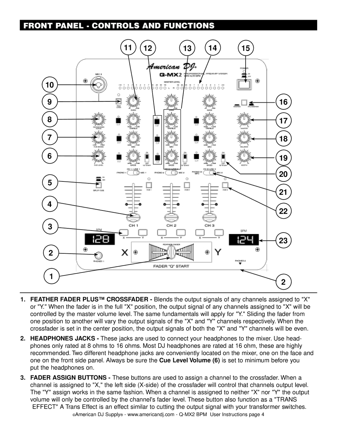 American Audio Q-MX2 BPM manual Front Panel Controls and Functions 