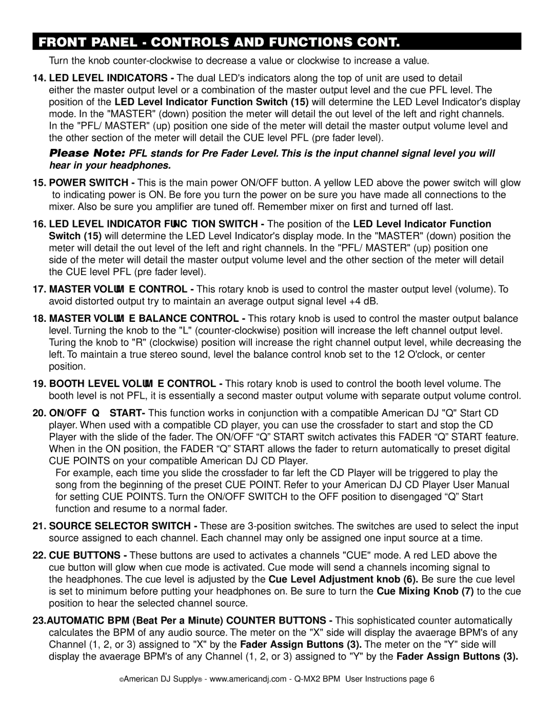 American Audio Q-MX2 BPM manual Front Panel Controls and Functions 