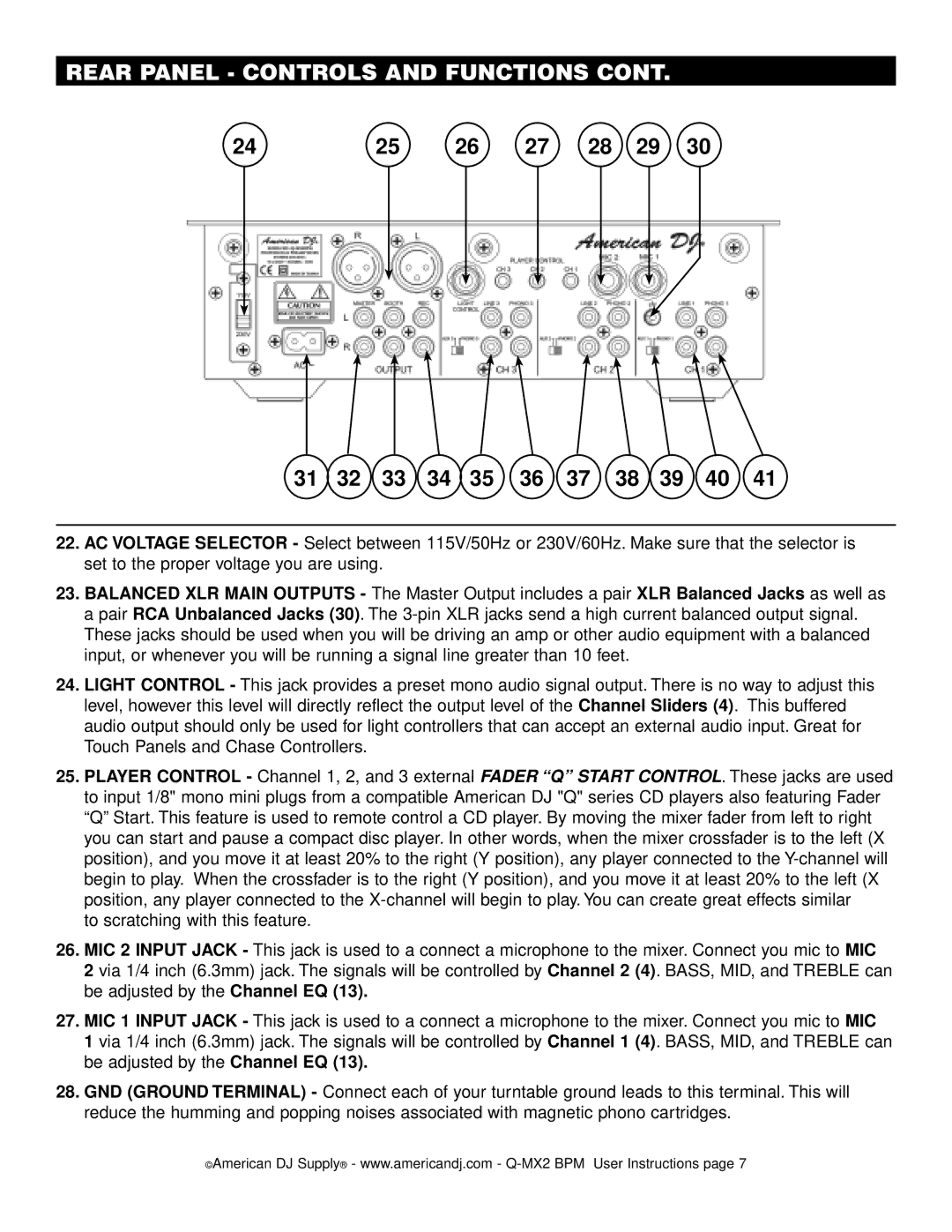 American Audio Q-MX2 BPM manual Rear Panel Controls and Functions 