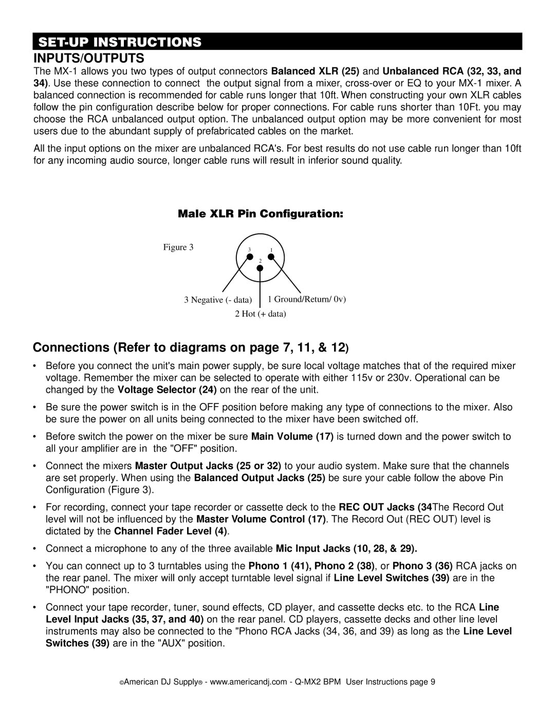 American Audio Q-MX2 BPM manual SET-UP Instructions, Connections Refer to diagrams on page 7, 11 