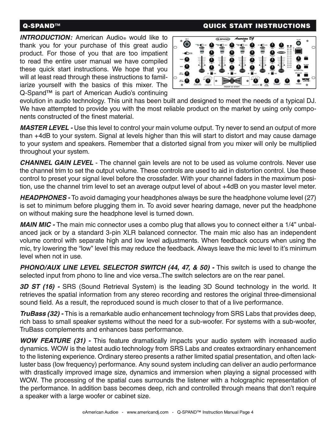 American Audio Q-SPAND manual Spandquick Start Instructions 