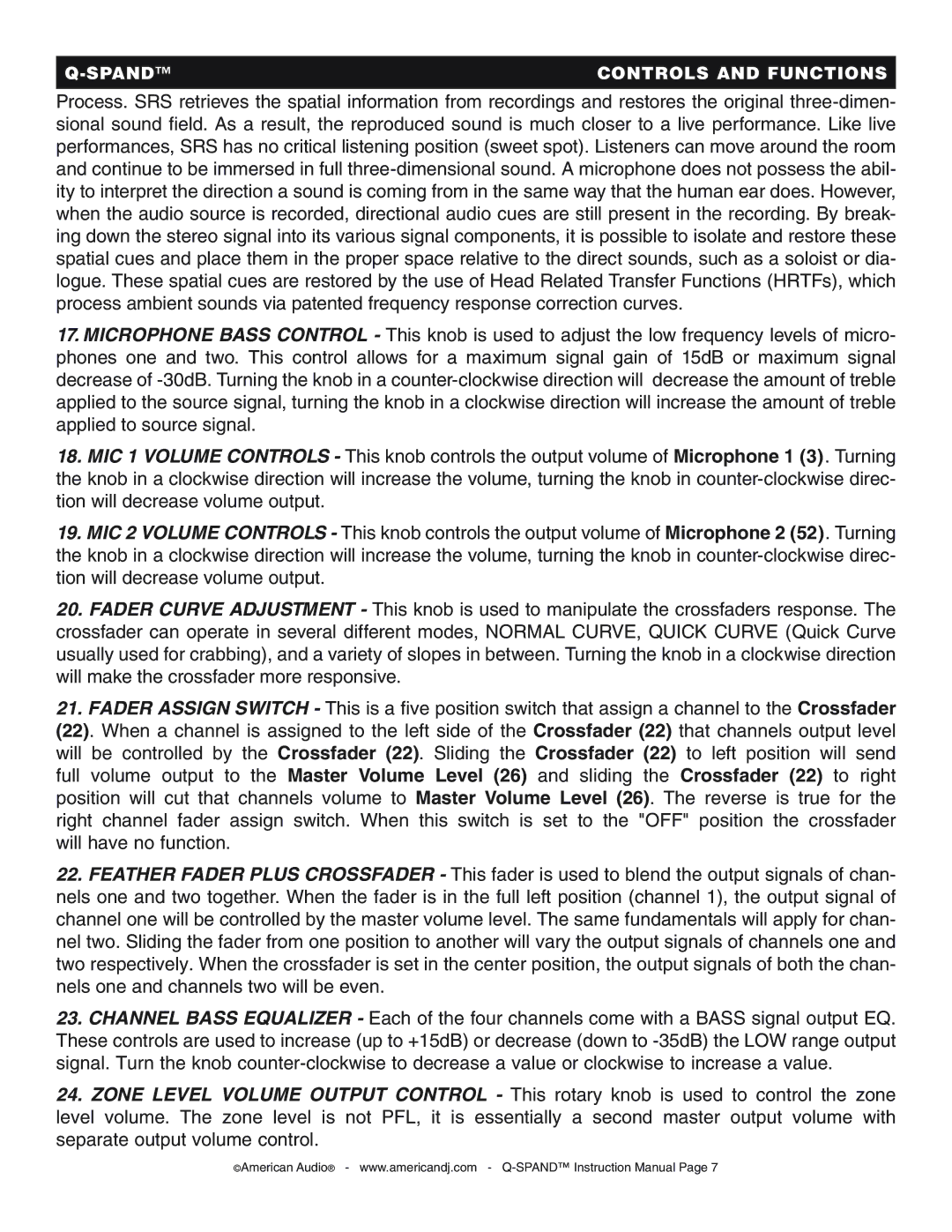 American Audio Q-SPAND manual Spand Controls and Functions 