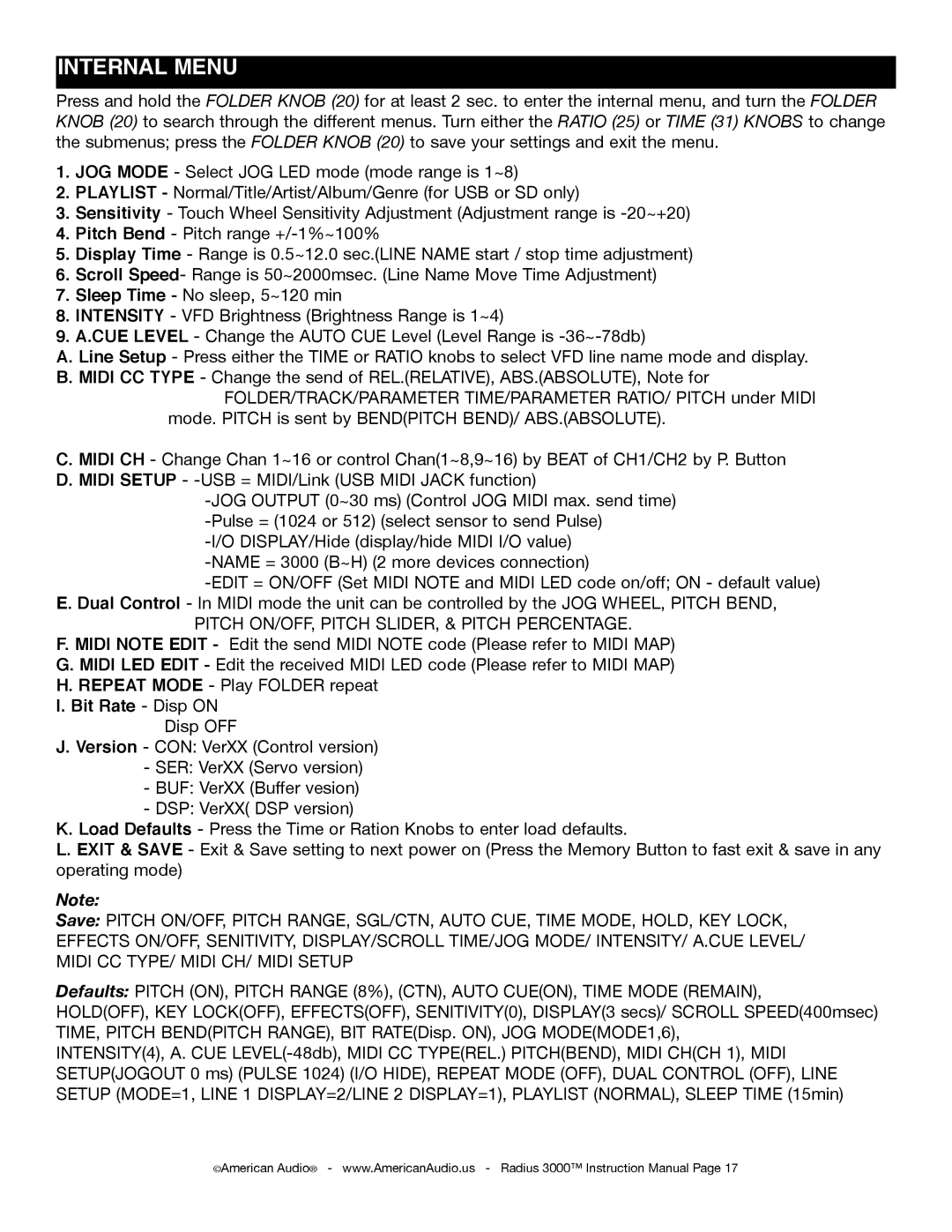 American Audio Radius 3000 manual Internal menu, Pitch ON/OFF, Pitch SLIDER, & Pitch Percentage 