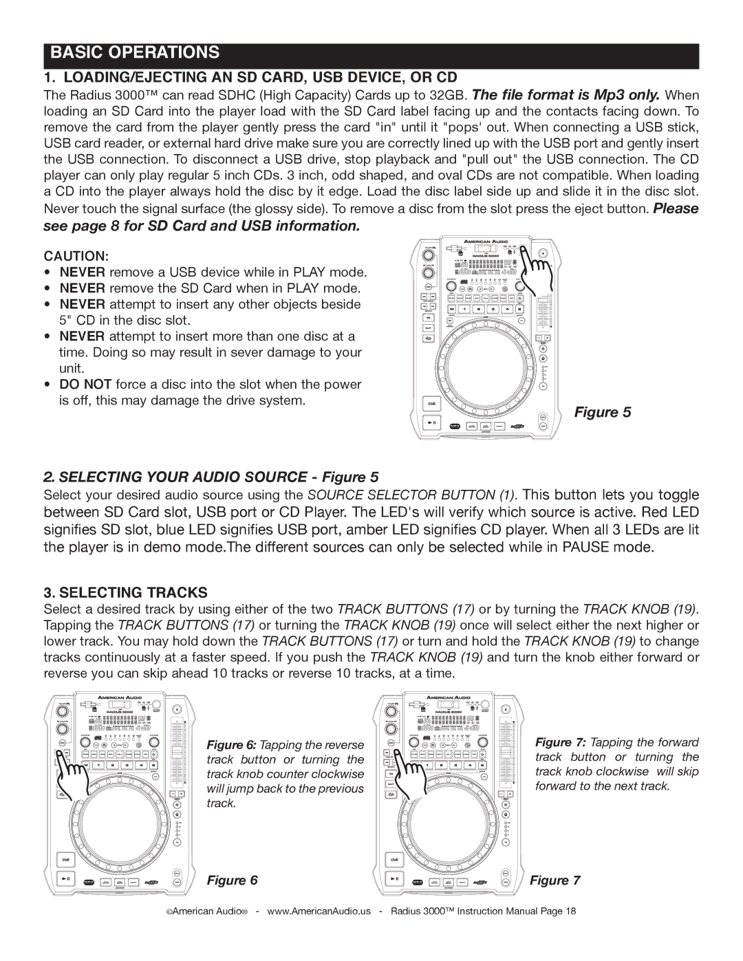 American Audio Radius 3000 manual Basic Operations, Loading/EJECTING AN SD CArd, USB Device, or cd, Selecting Tracks 