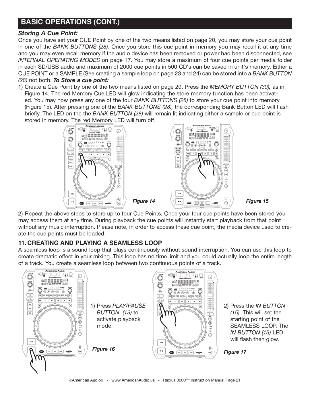 American Audio Radius 3000 manual Storing a Cue Point, Creating and playing a Seamless Loop 