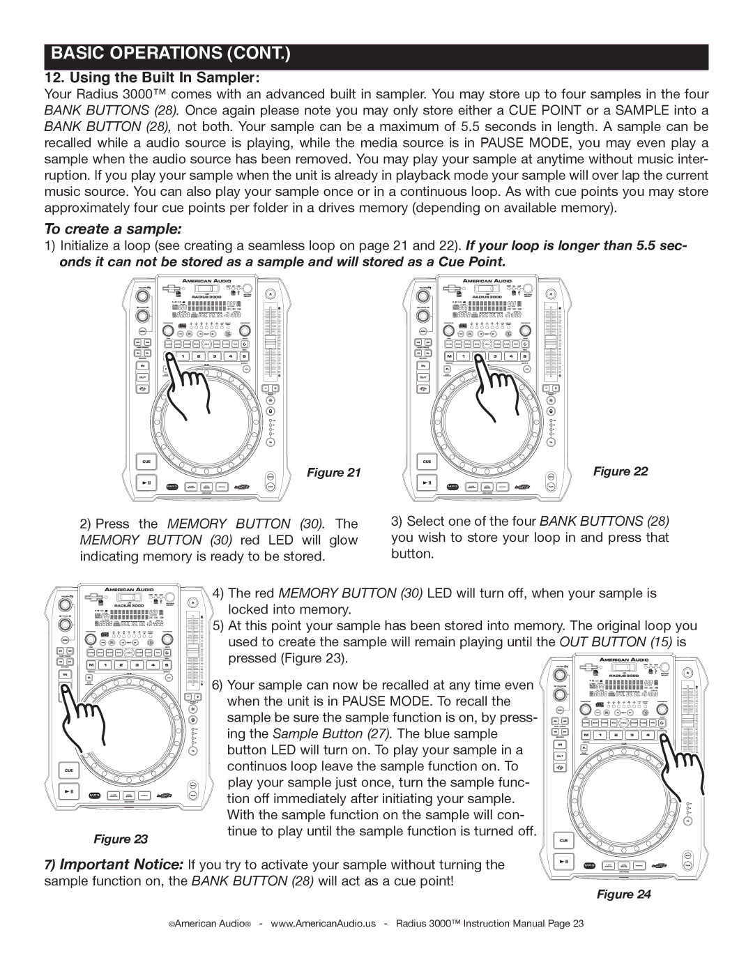 American Audio Radius 3000 manual Using the Built In Sampler, To create a sample 