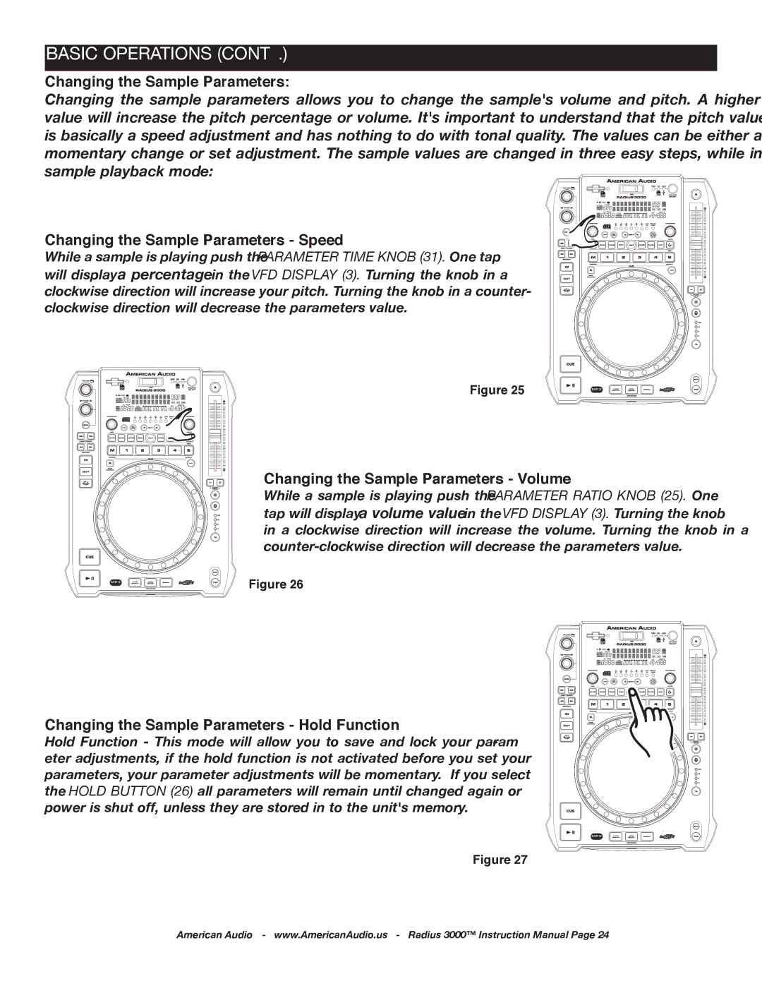 American Audio Radius 3000 manual Changing the Sample Parameters Speed, Changing the Sample Parameters Volume 