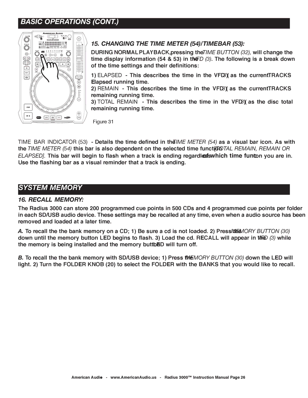 American Audio Radius 3000 manual System Memory, Changing the time meter 54/Time bar, Recall Memory 