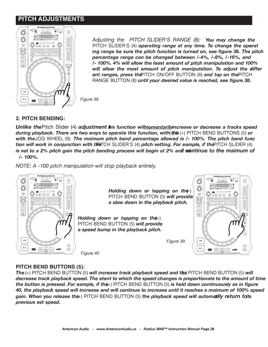 American Audio Radius 3000 manual Pitch Bending, Pitch bend buttons 