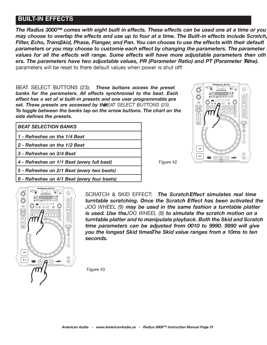 American Audio Radius 3000 manual Built-in effects, Beat Selection Banks 