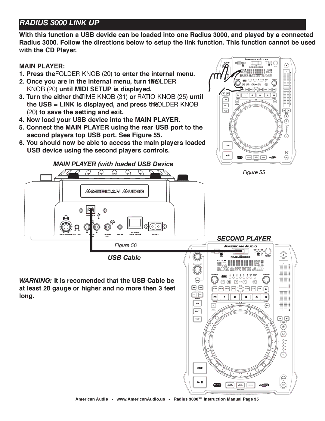 American Audio manual Radius 3000 link up, Main Player with loaded USB Device, Second Player, USB Cable 