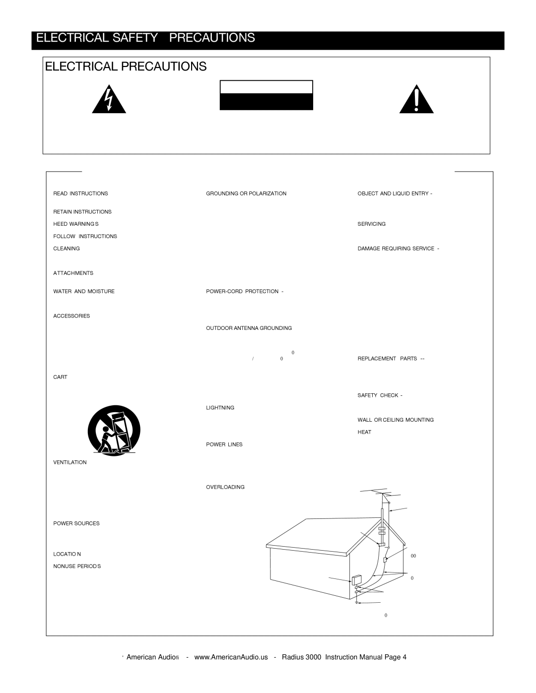 American Audio Radius 3000 manual Electrical Safety Precautions, Electrical Precautions 