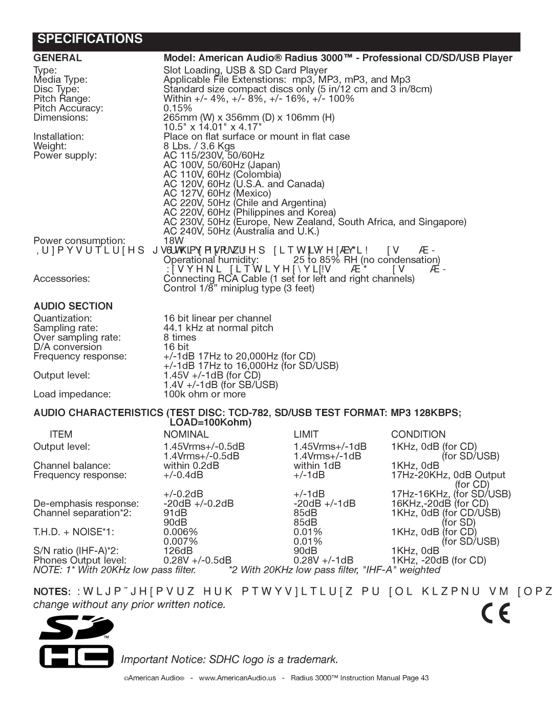 American Audio Radius 3000 manual Specifications, General 