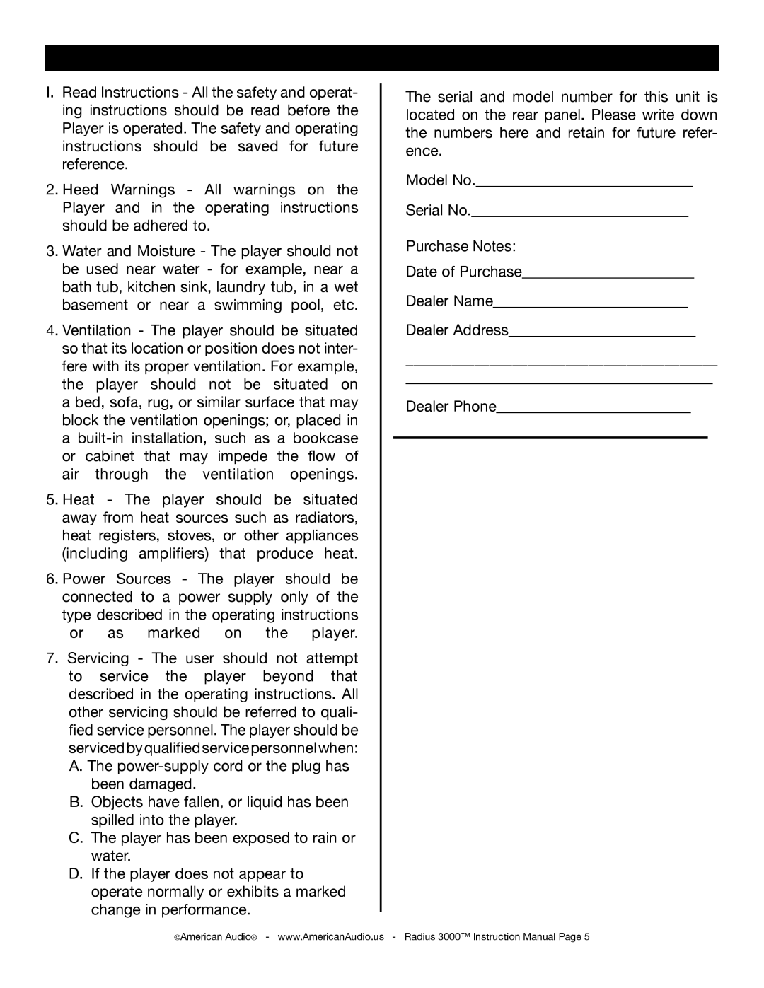 American Audio Radius 3000 manual Safety Instructions 