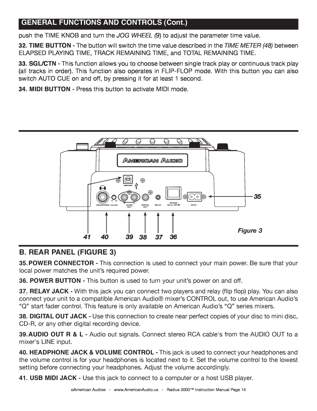 American Audio Radius 3000 manual B. Rear Panel Figure, GENERAL Functions and controls Cont 