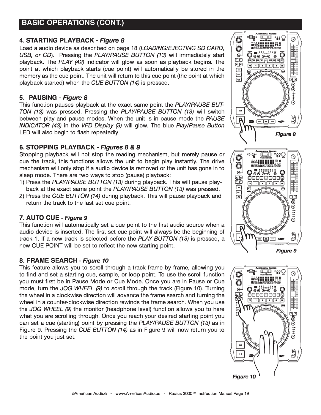 American Audio Radius 3000 manual BASIC OPERATIONS Cont, STARTING PLAYBACK - Figure, Pausing - Figure, Auto cue - Figure 