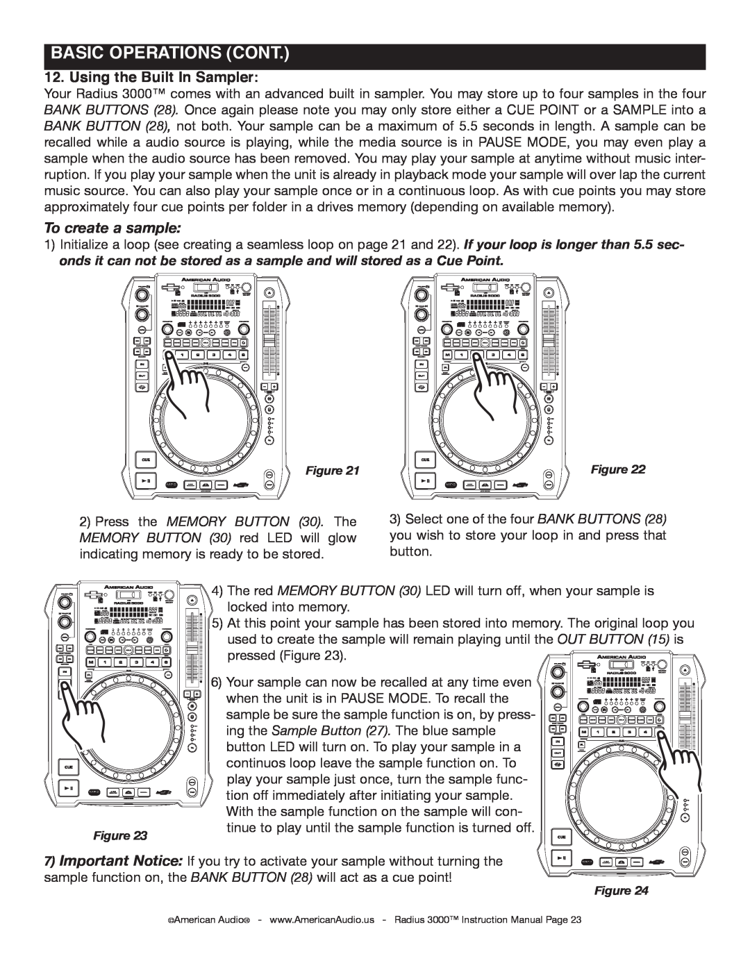 American Audio Radius 3000 manual Using the Built In Sampler, To create a sample, BASIC OPERATIONS Cont 