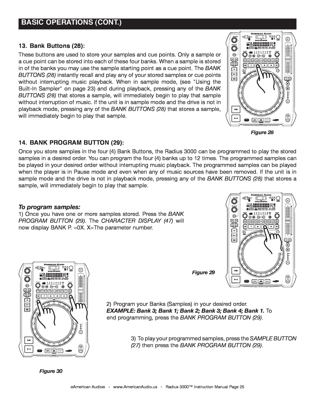 American Audio Radius 3000 manual Bank Buttons, Bank Program Button, To program samples, BASIC OPERATIONS Cont 