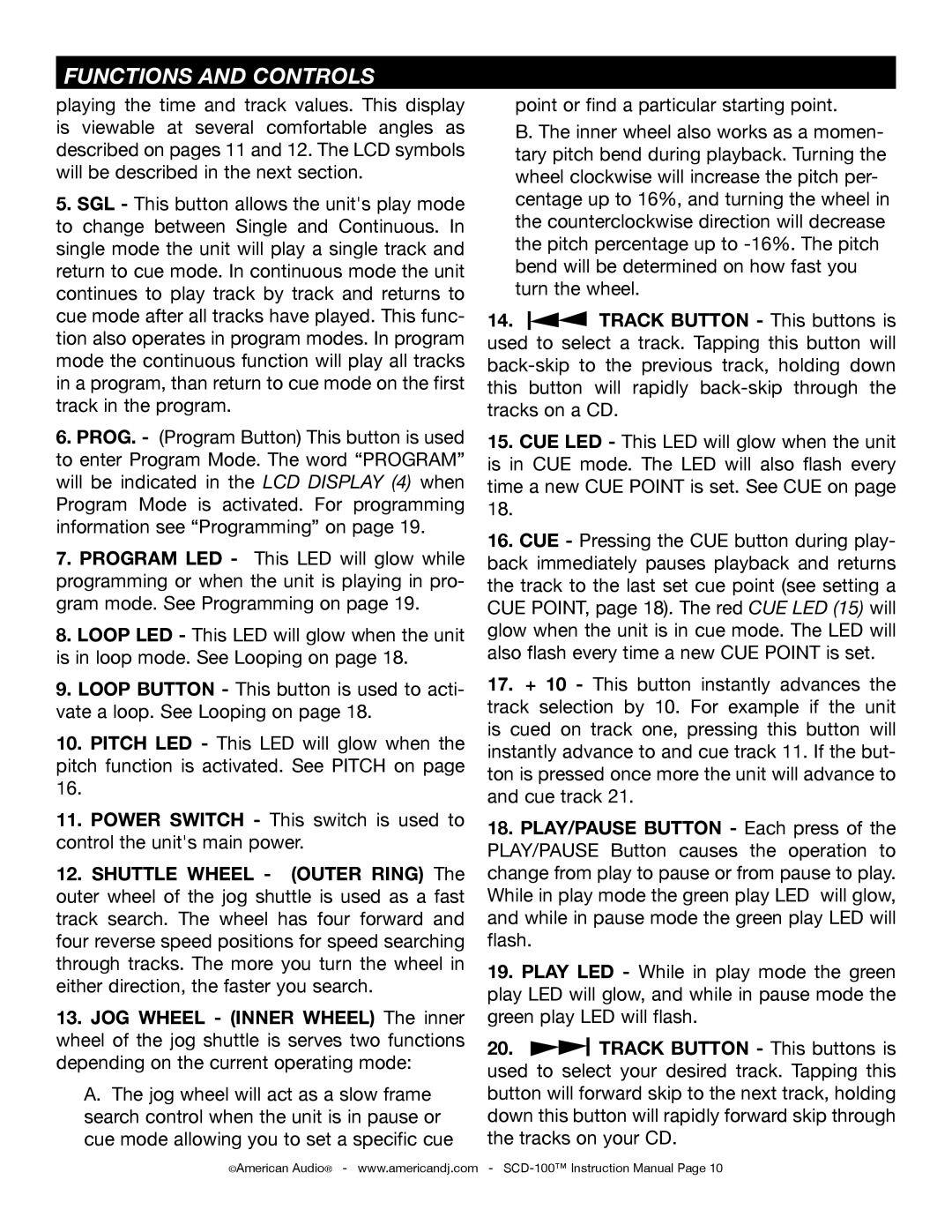 American Audio SCD-100 manual Functions and Controls 