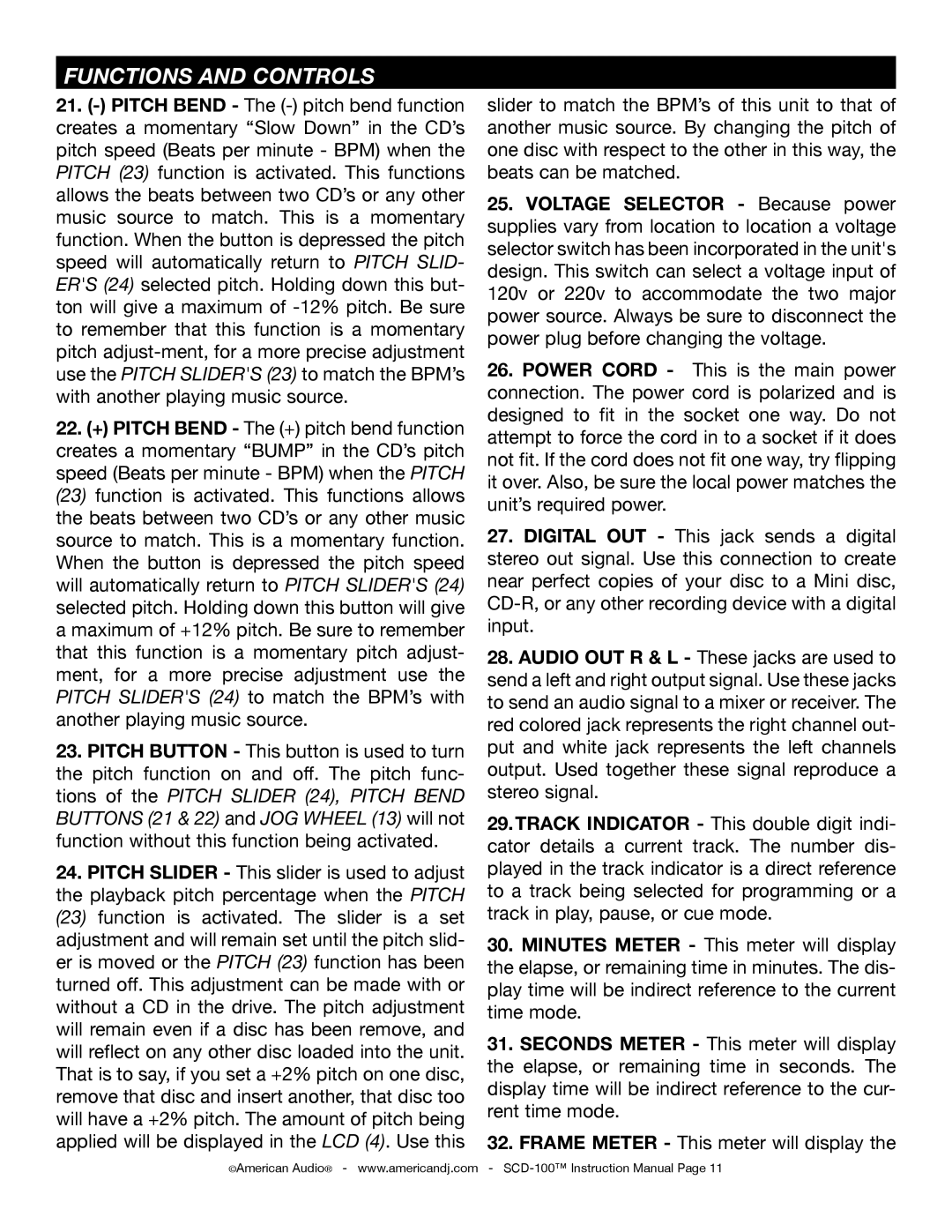 American Audio SCD-100 manual Functions and Controls 