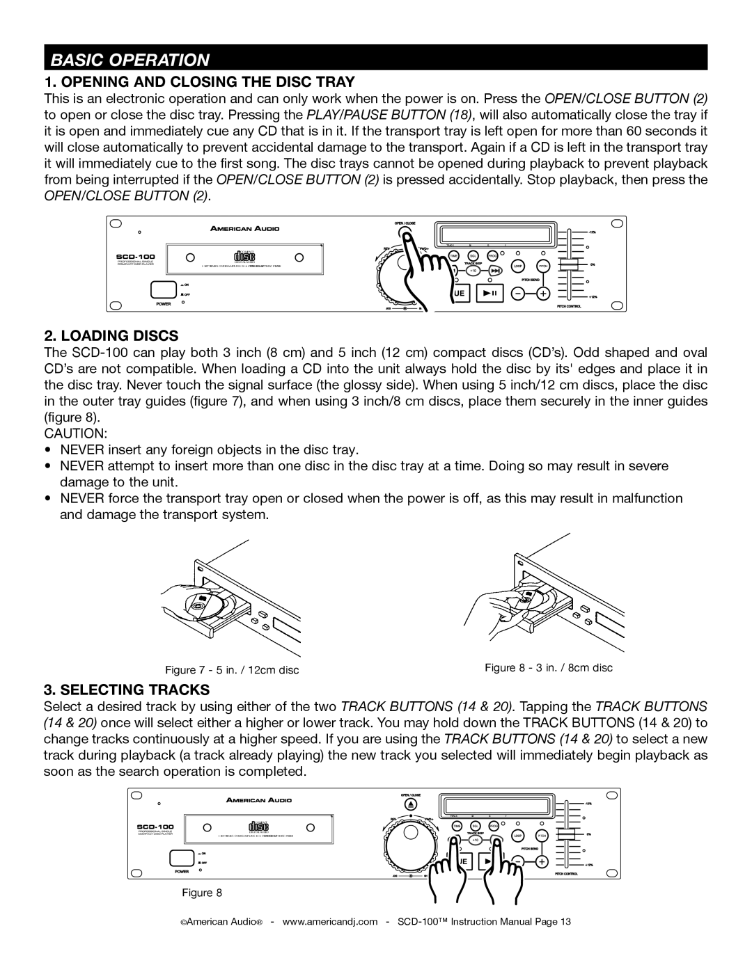 American Audio SCD-100 manual Basic Operation, Opening and Closing the Disc Tray, Loading Discs, Selecting Tracks 