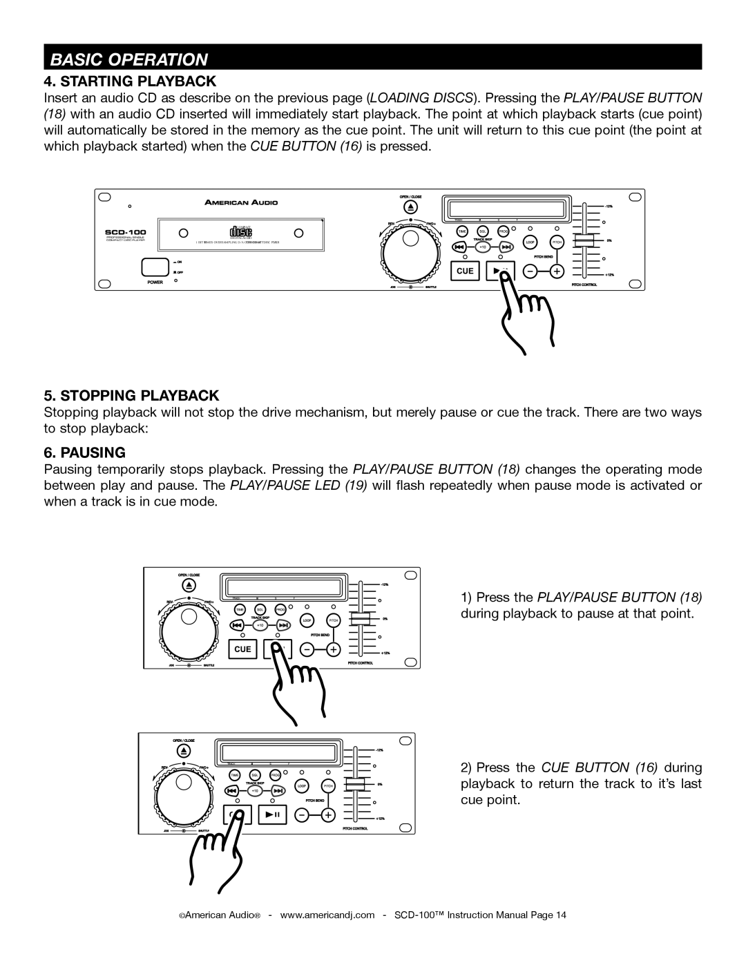 American Audio SCD-100 manual Starting Playback, Stopping Playback, Pausing 