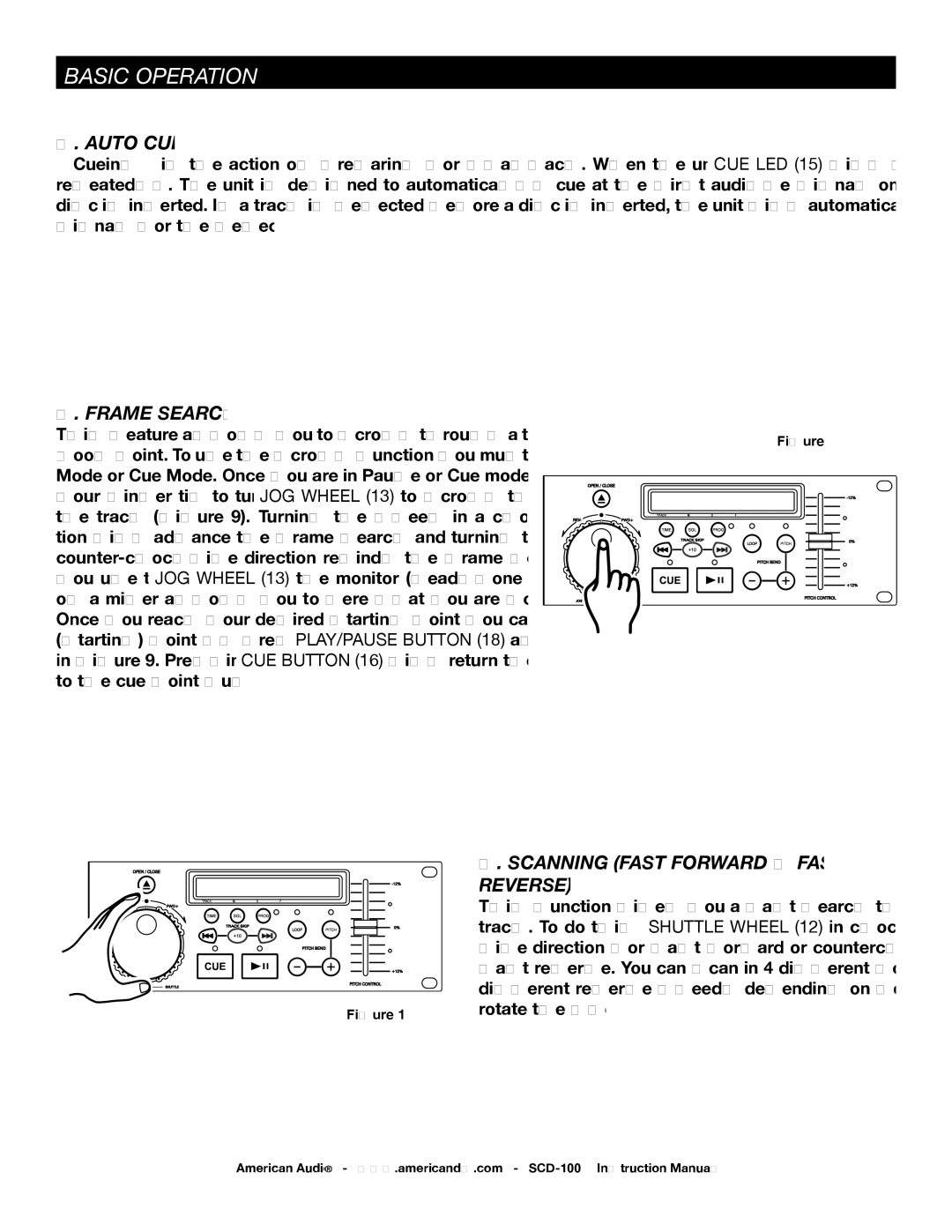 American Audio SCD-100 manual Auto CUE, Frame Search, Scanning Fast Forward / Fast Reverse 