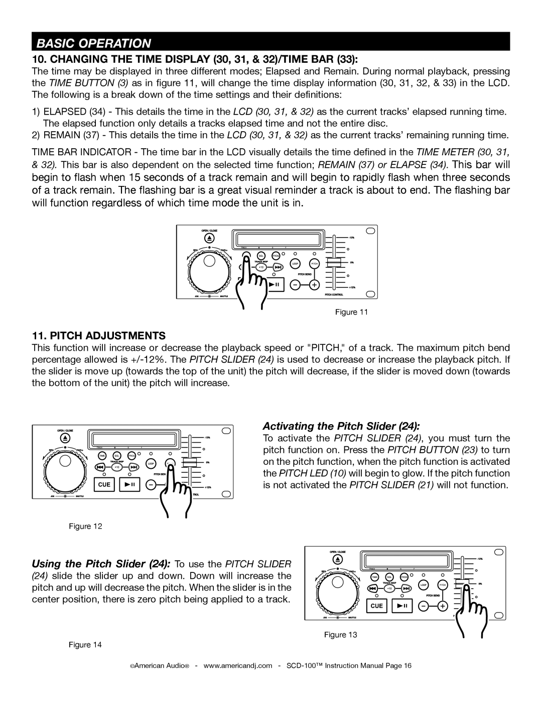 American Audio SCD-100 manual Changing the Time Display 30, 31, & 32/TIME BAR, Pitch Adjustments 