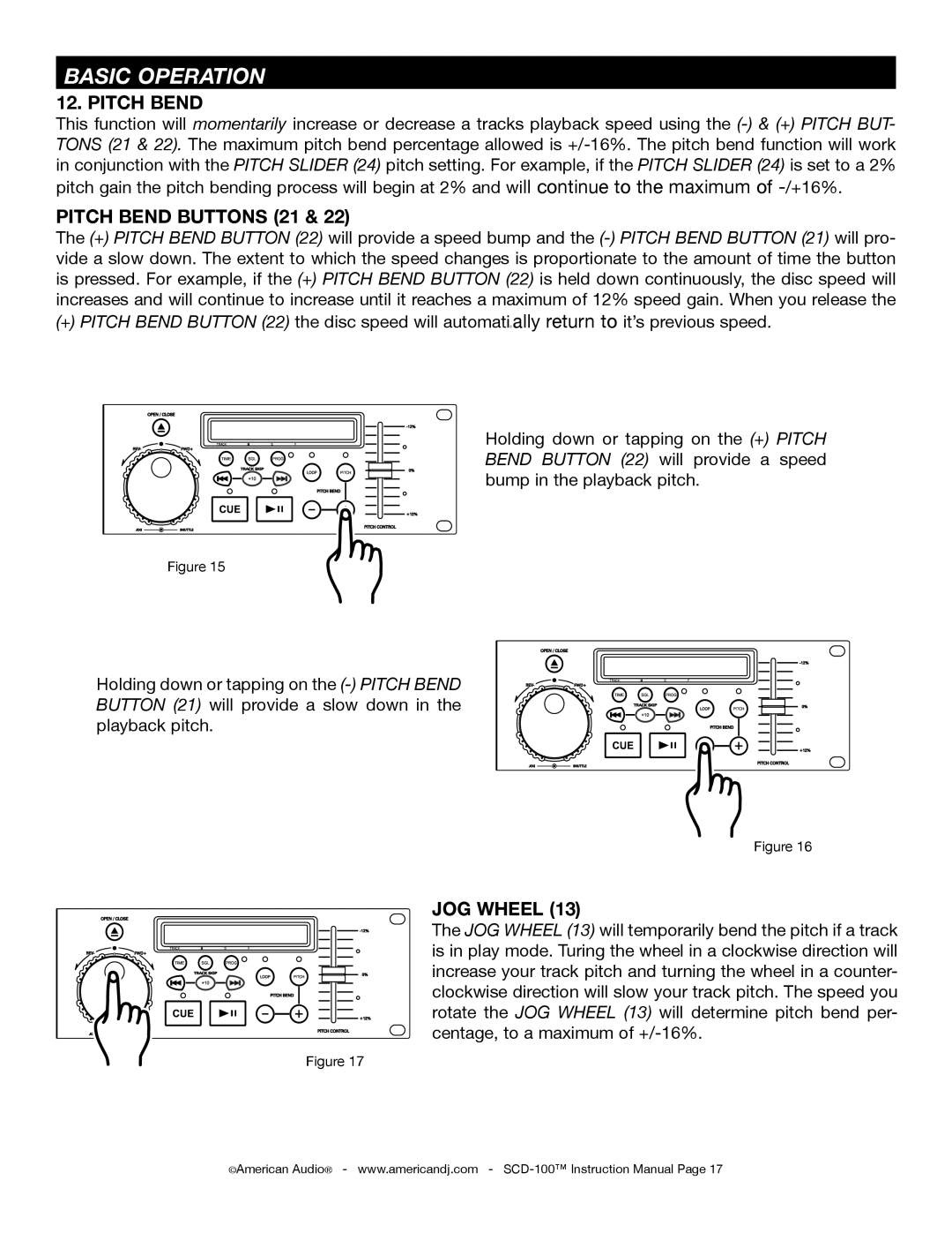 American Audio SCD-100 manual Pitch Bend Buttons 21, JOG Wheel 