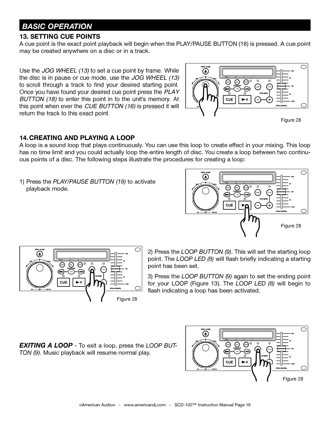 American Audio SCD-100 manual Setting CUE Points, Creating and Playing a Loop 