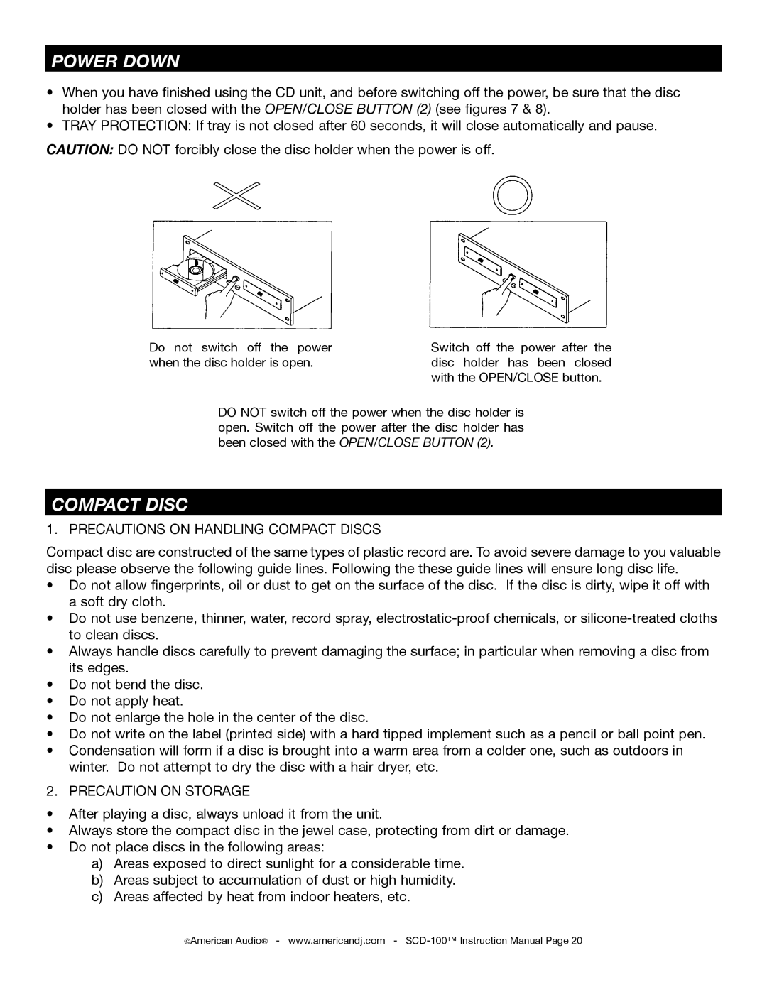 American Audio SCD-100 manual Power Down, Compact Disc 